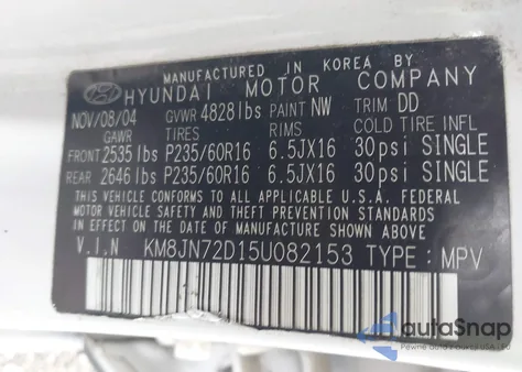 2005 Hyundai Tucson Gls/Lx из США, поврежденный, VIN KM8JN72D15U082153